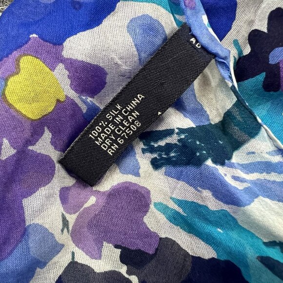 Anne Klein 100% Silk Floral Scarf Multicolor Blue Yellow Purple - Picture 2 of 5